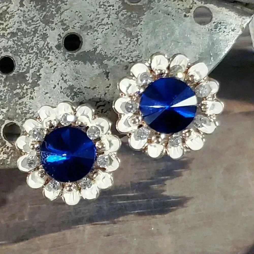 Sapphire Blue Lady Di Style Austrian Rivoli Crystal Earrings